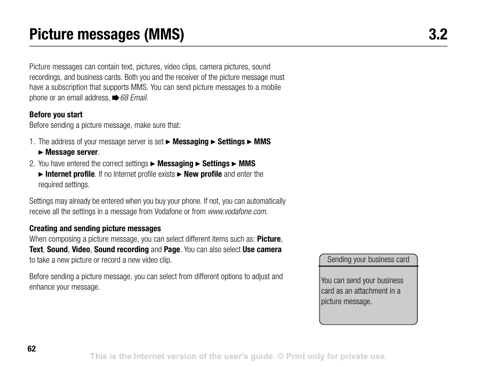 Picture messages (mms) 3.2, Picture messages (mms) | Sony V600 User Manual | Page 62 / 174