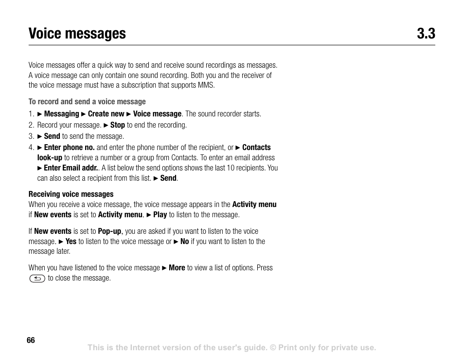 Voice messages 3.3, Voice messages | Sony V600 User Manual | Page 66 / 174