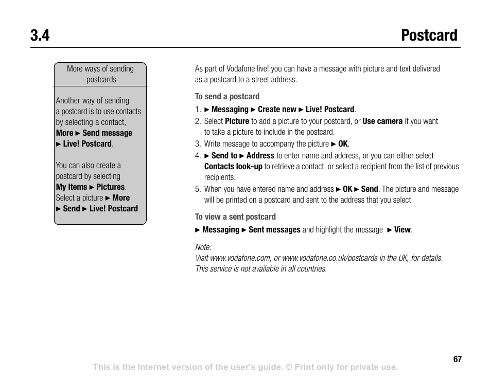 4 postcard, Postcard | Sony V600 User Manual | Page 67 / 174