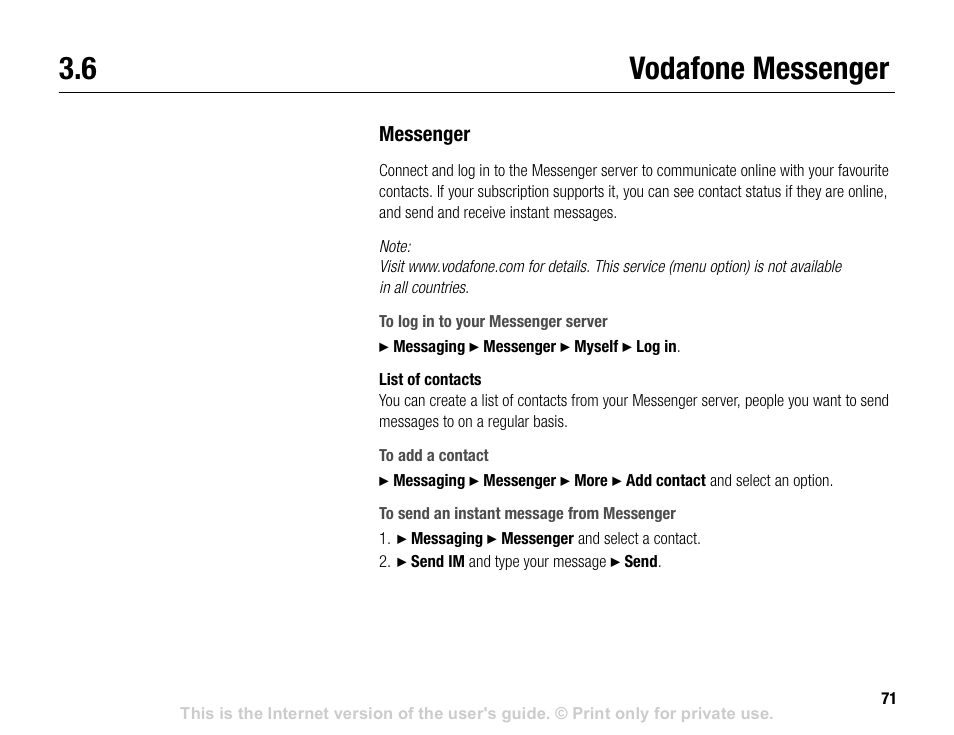 6 vodafone messenger, Vodafone messenger | Sony V600 User Manual | Page 71 / 174