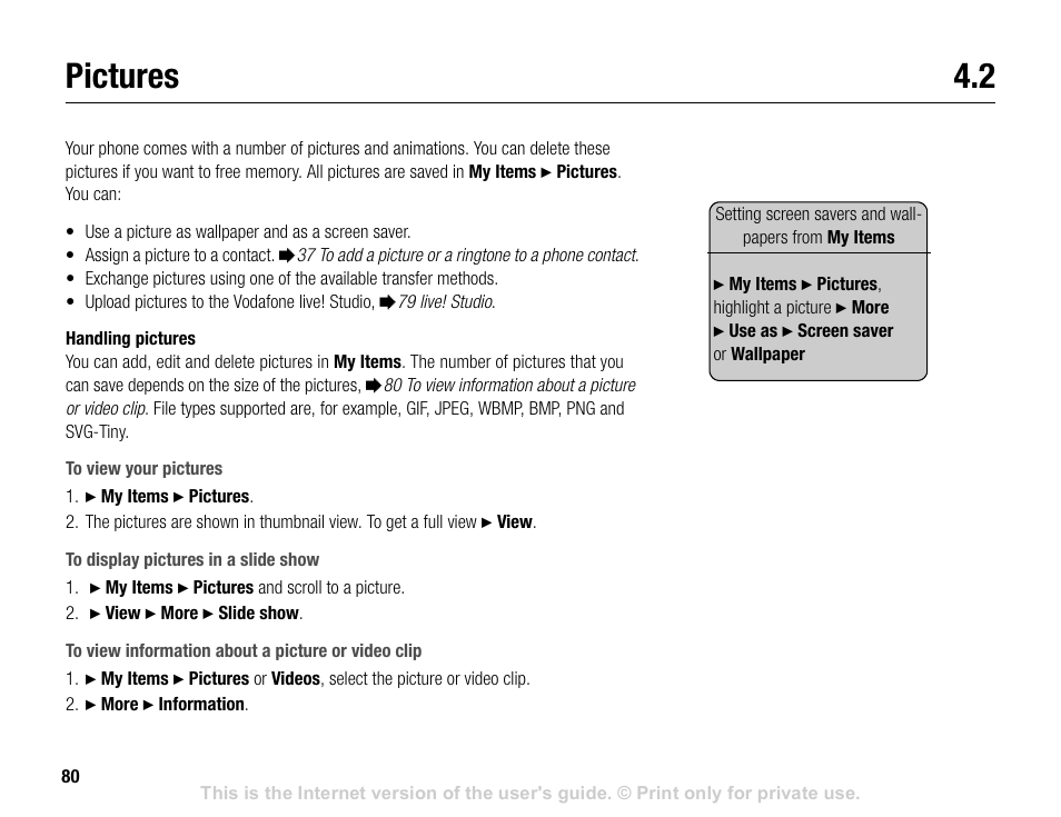 Pictures 4.2, Pictures | Sony V600 User Manual | Page 80 / 174