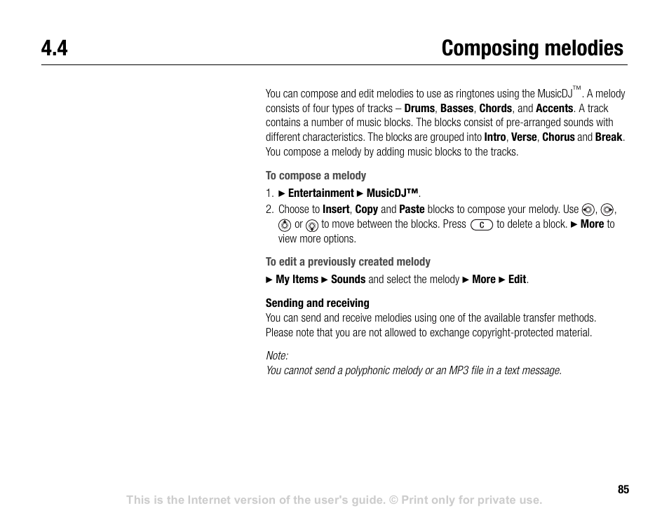 4 composing melodies, Composing melodies | Sony V600 User Manual | Page 85 / 174