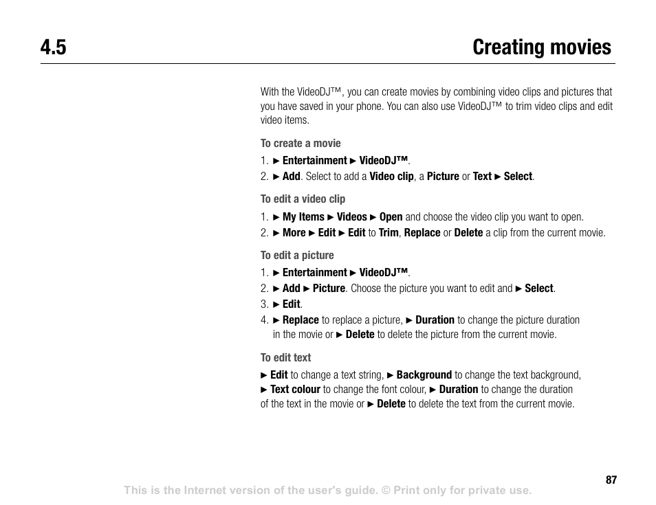 5 creating movies, Creating movies | Sony V600 User Manual | Page 87 / 174