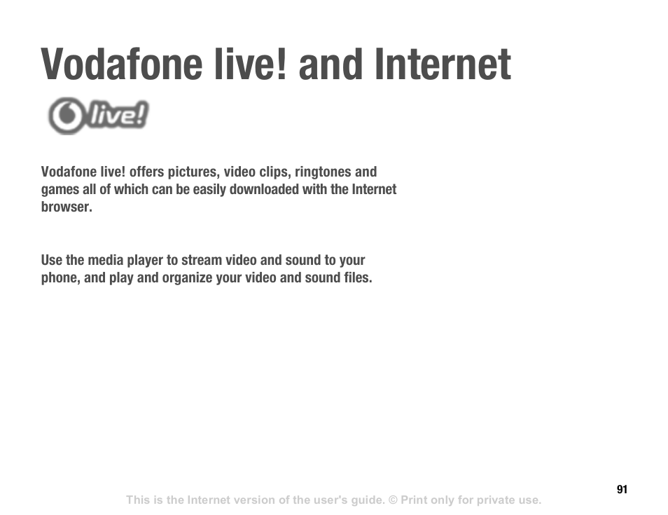 Vodafone live! and internet | Sony V600 User Manual | Page 91 / 174