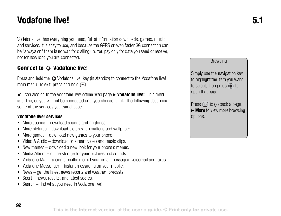 Vodafone live! 5.1, Vodafone live | Sony V600 User Manual | Page 92 / 174