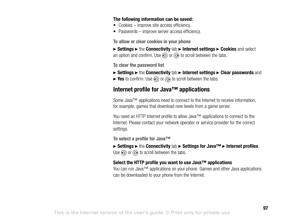 Internet profile for java™ applications | Sony V600 User Manual | Page 97 / 174