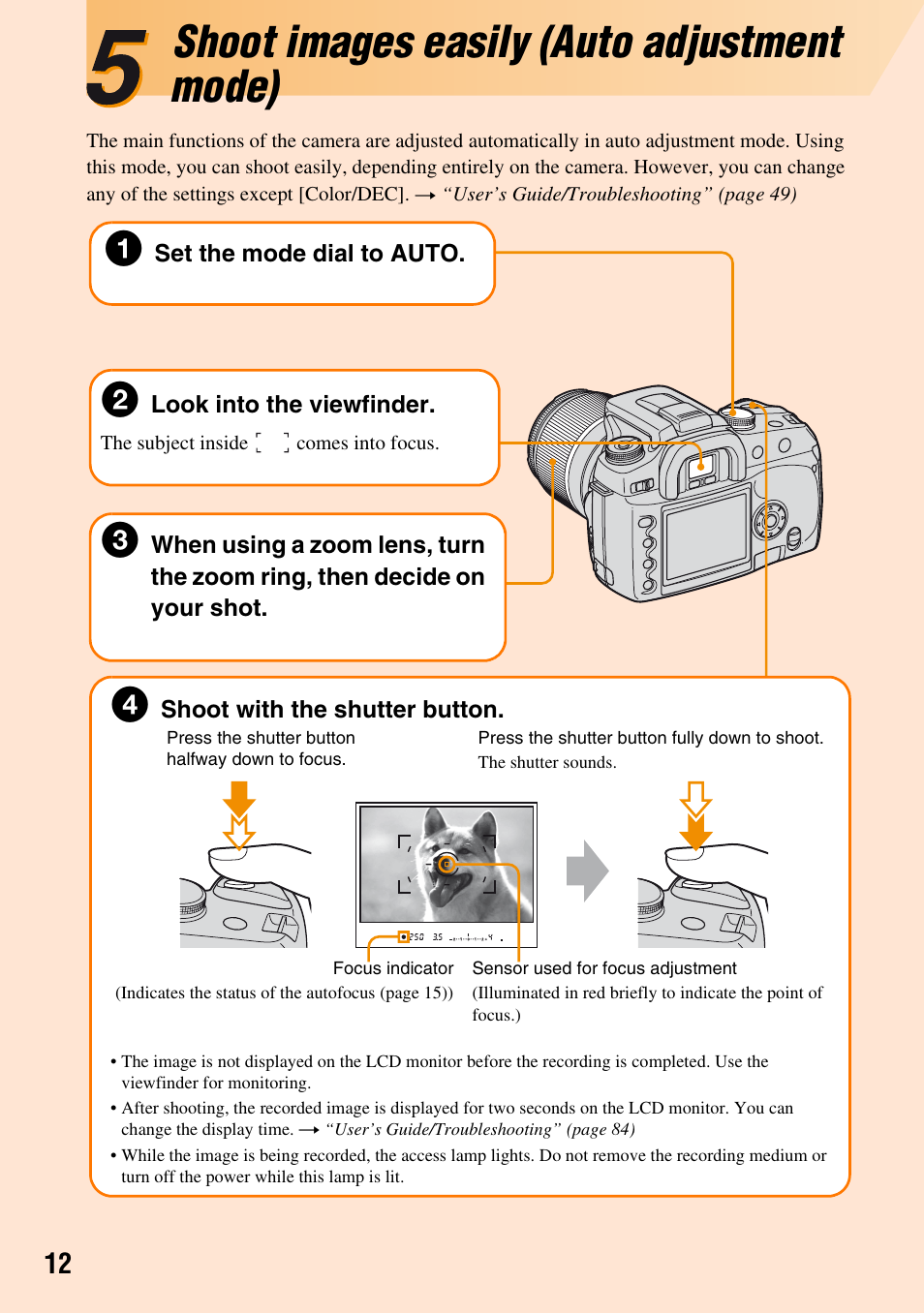 Shoot images easily (auto adjustmentmode), Shoot images easily (auto adjustment mode) | Sony DSLR-A100 User Manual | Page 12 / 19