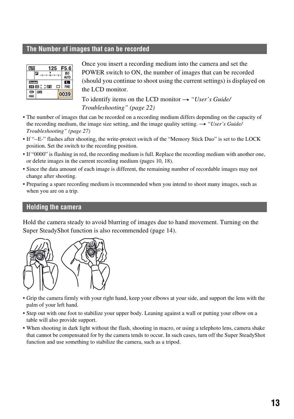 The number of images that can be recorded, Holding the camera | Sony DSLR-A100 User Manual | Page 13 / 19