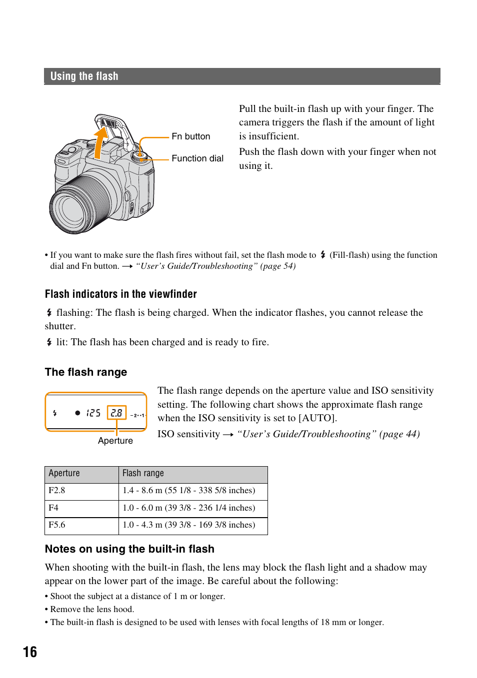 Using the flash | Sony DSLR-A100 User Manual | Page 16 / 19