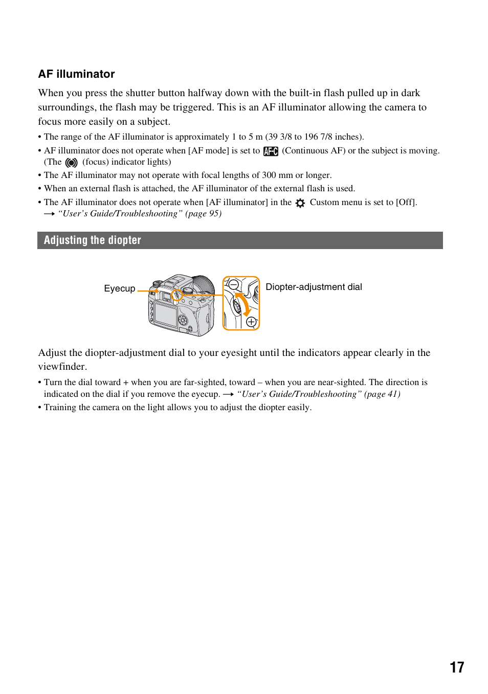 Adjusting the diopter | Sony DSLR-A100 User Manual | Page 17 / 19