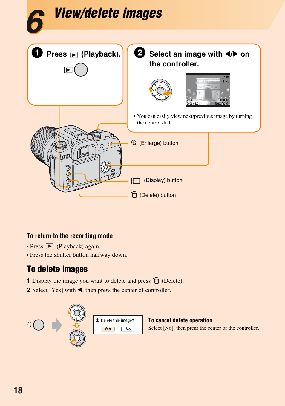 View/delete images | Sony DSLR-A100 User Manual | Page 18 / 19