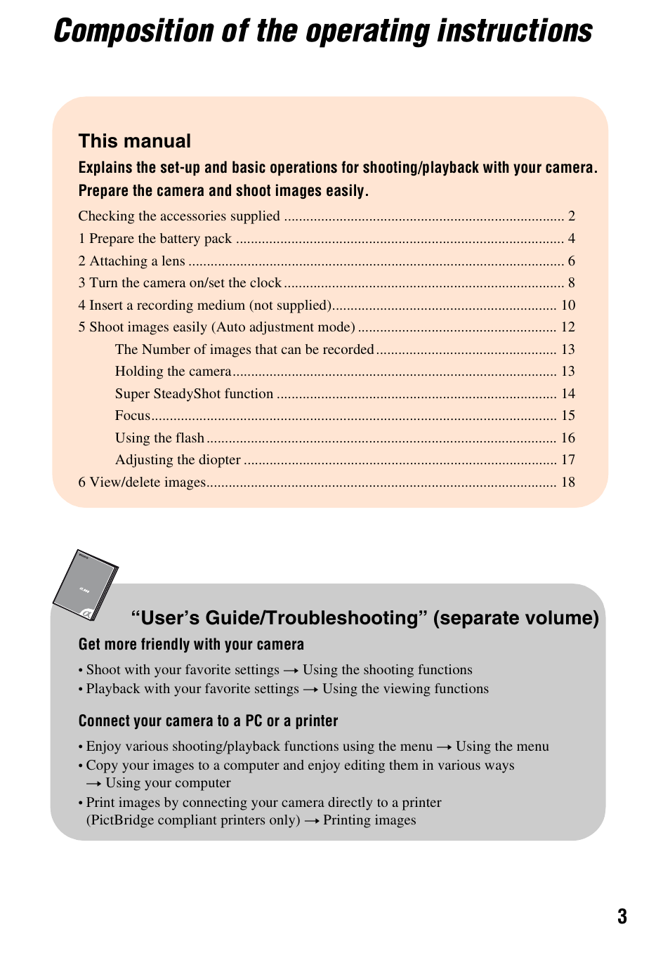 Composition of the operating instructions, This manual, User’s guide/troubleshooting” (separate volume) | Sony DSLR-A100 User Manual | Page 3 / 19