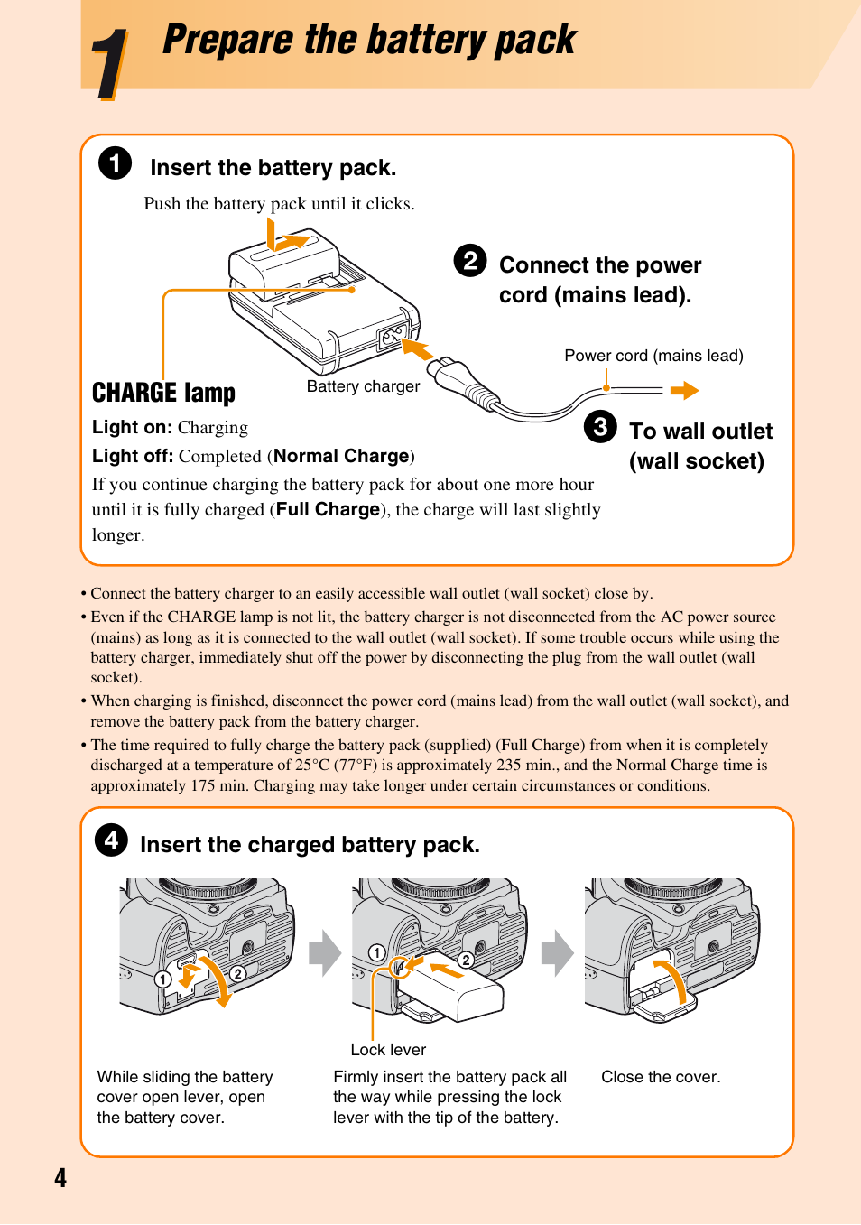 Prepare the battery pack, Charge lamp | Sony DSLR-A100 User Manual | Page 4 / 19