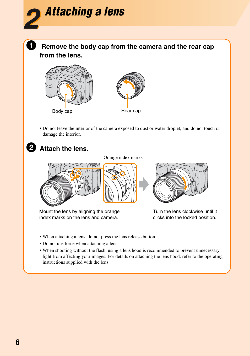 Attaching a lens | Sony DSLR-A100 User Manual | Page 6 / 19