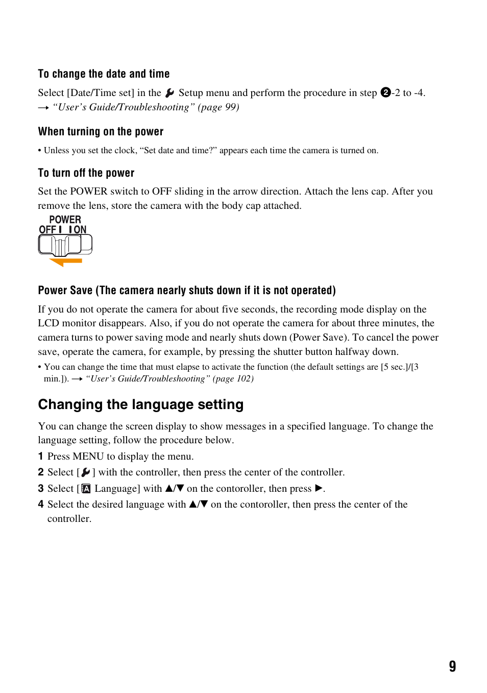Changing the language setting | Sony DSLR-A100 User Manual | Page 9 / 19