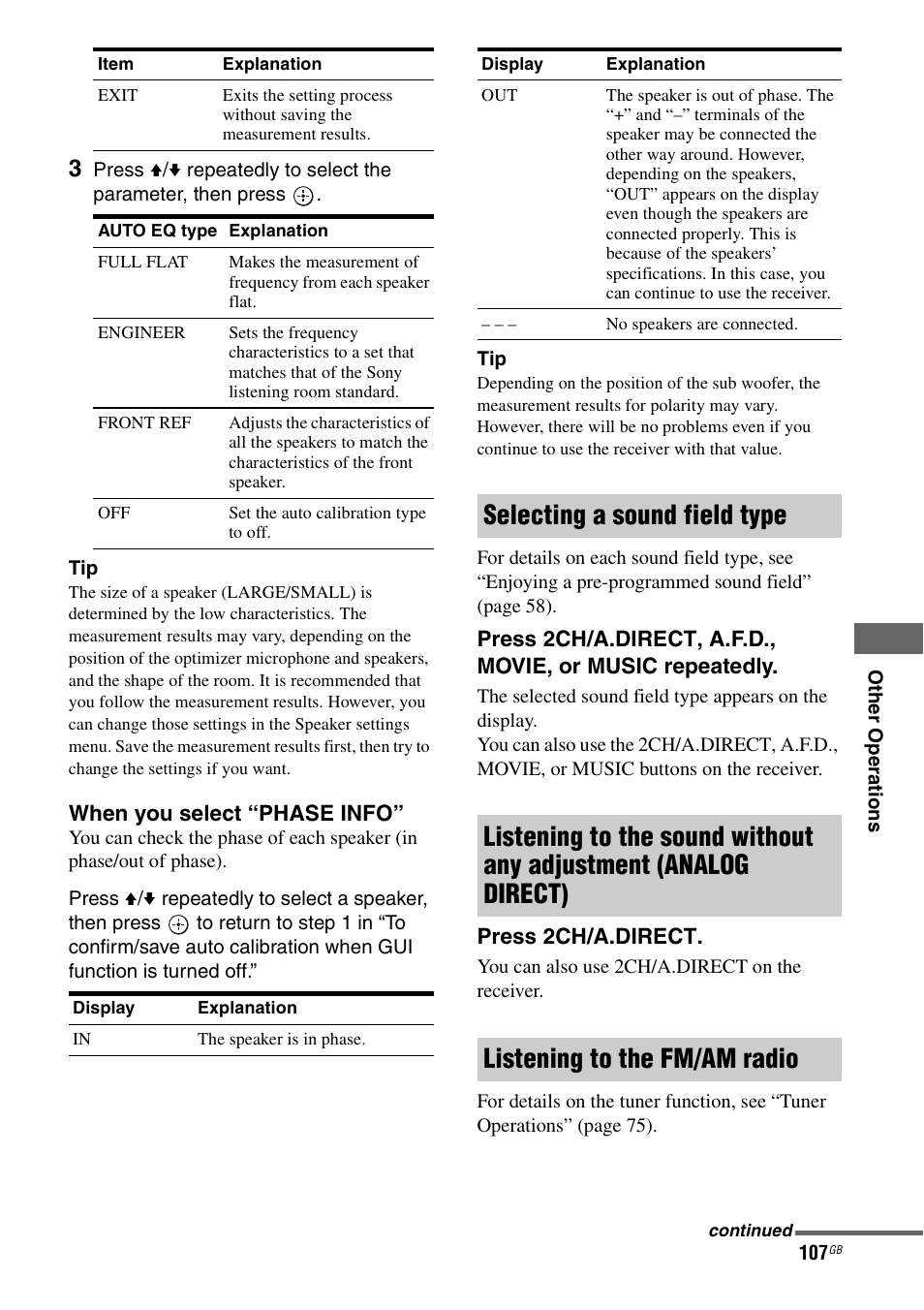 When you select “phase info | Sony STR-DG1100 User Manual | Page 107 / 130