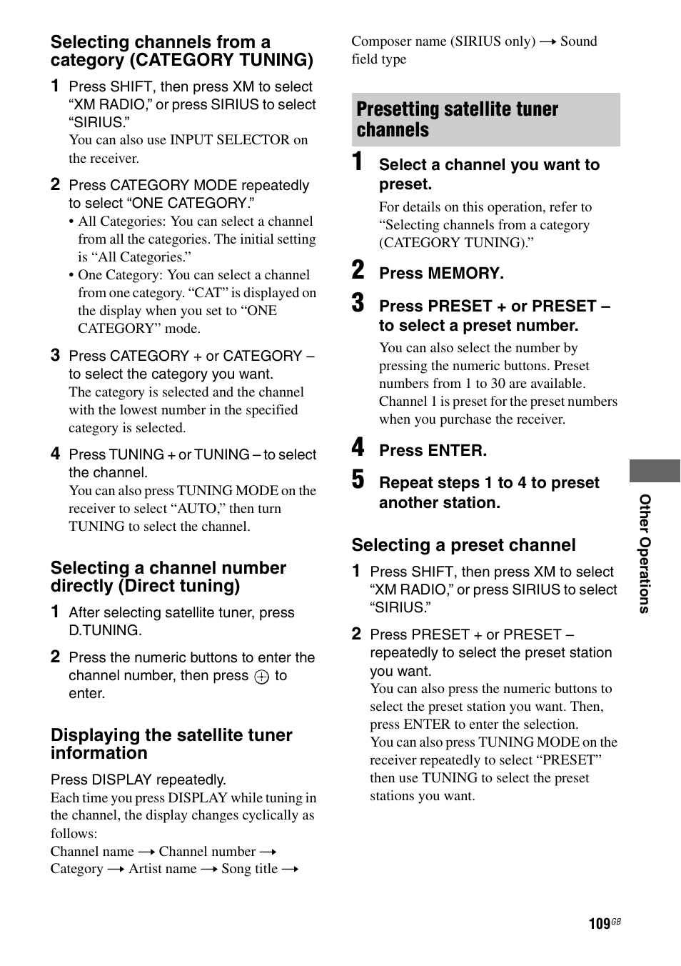 Presetting satellite tuner channels | Sony STR-DG1100 User Manual | Page 109 / 130