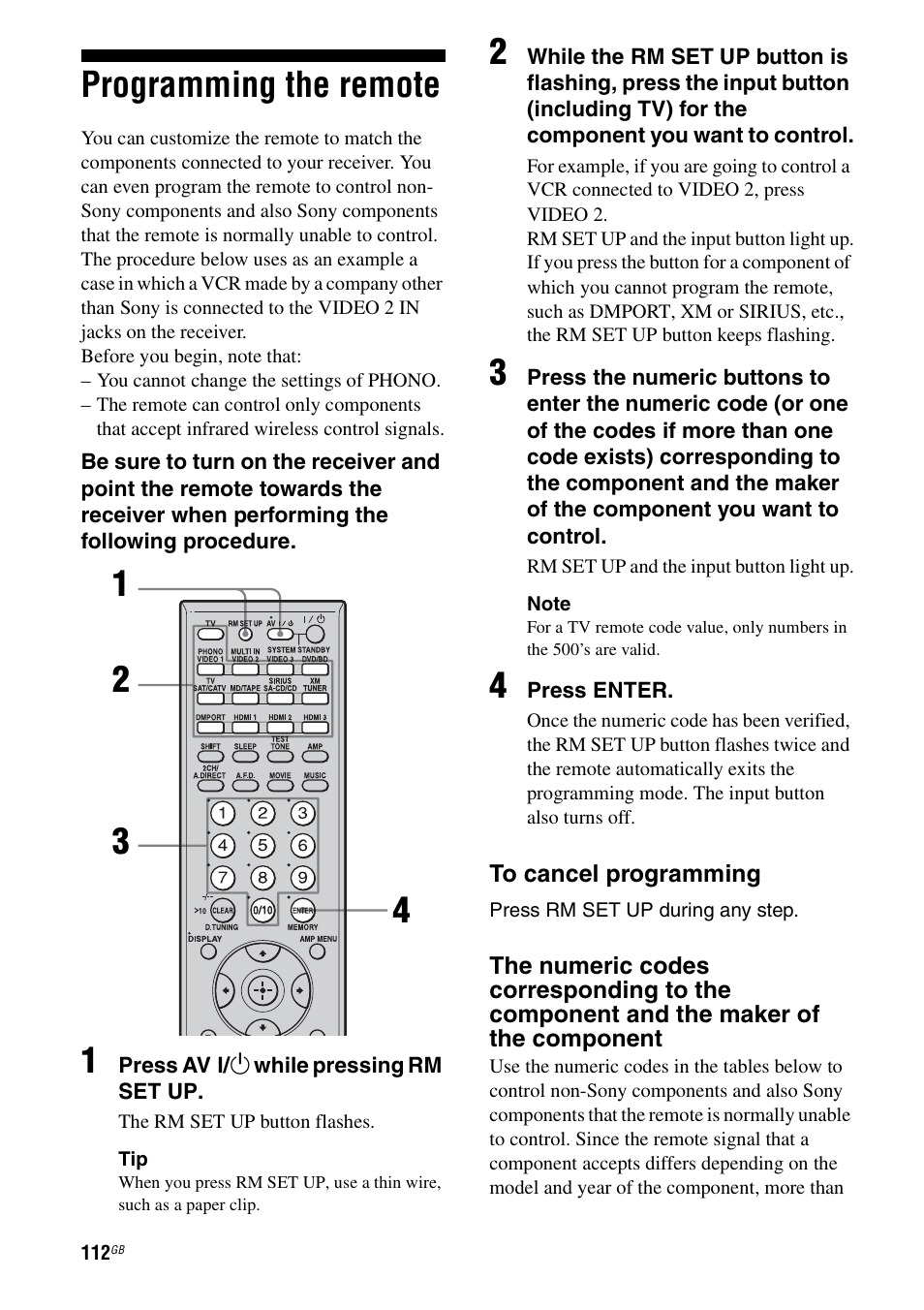 Programming the remote | Sony STR-DG1100 User Manual | Page 112 / 130