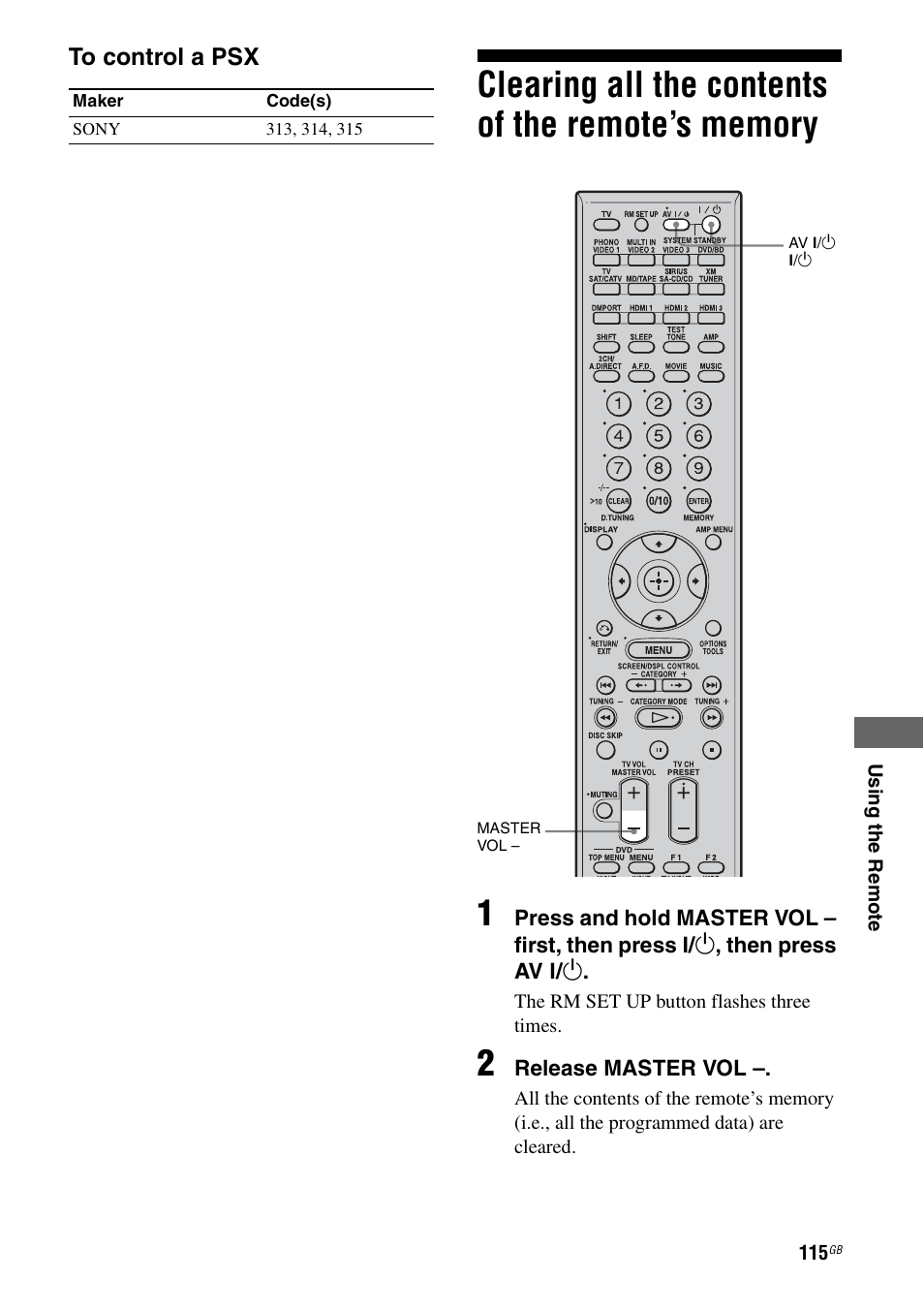 Clearing all the contents of the remote’s memory, Clearing all the contents of the remote’s, Memory | Sony STR-DG1100 User Manual | Page 115 / 130