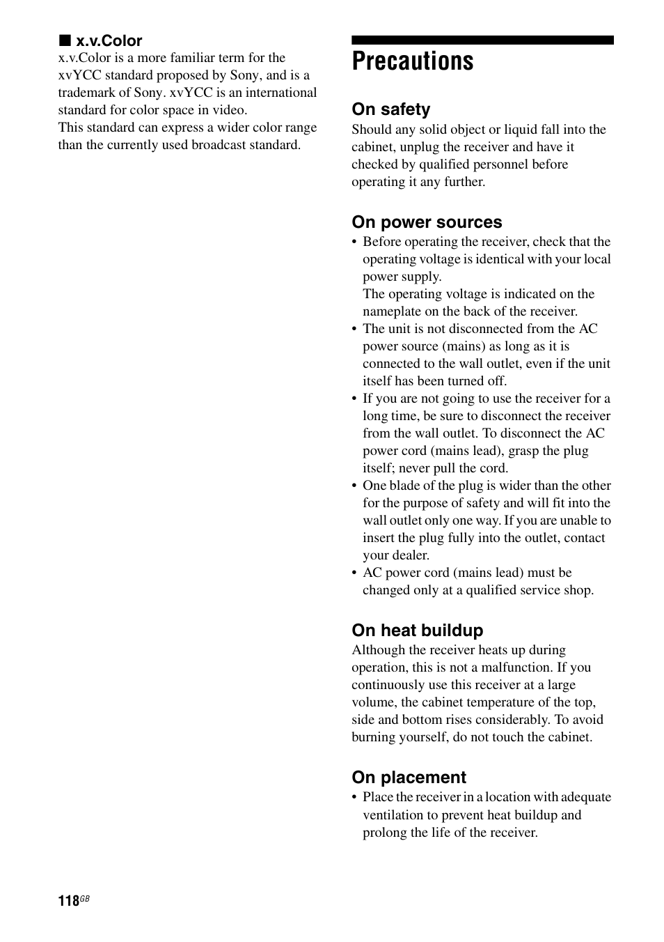 Precautions | Sony STR-DG1100 User Manual | Page 118 / 130
