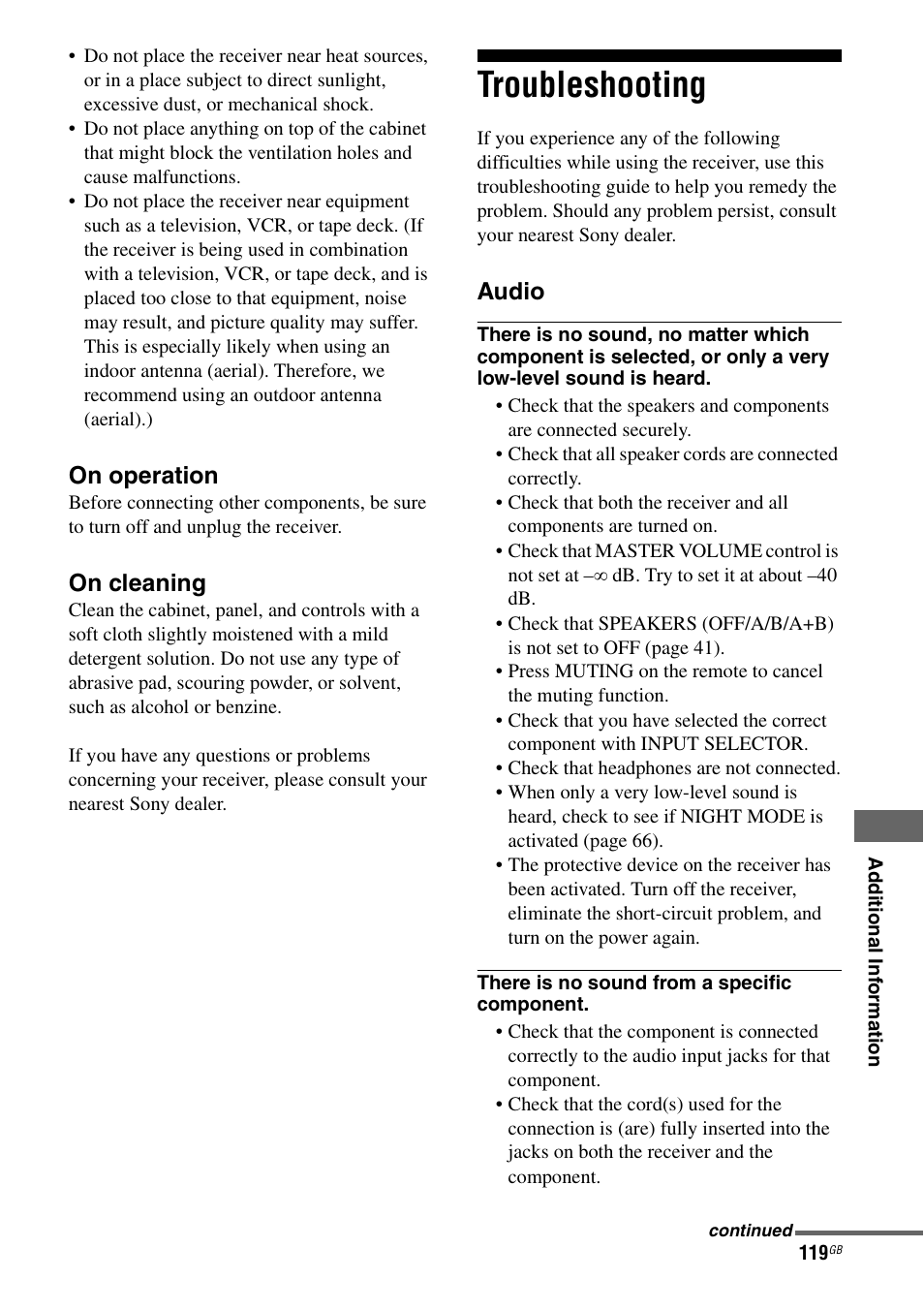 Troubleshooting, On operation, On cleaning | Audio | Sony STR-DG1100 User Manual | Page 119 / 130