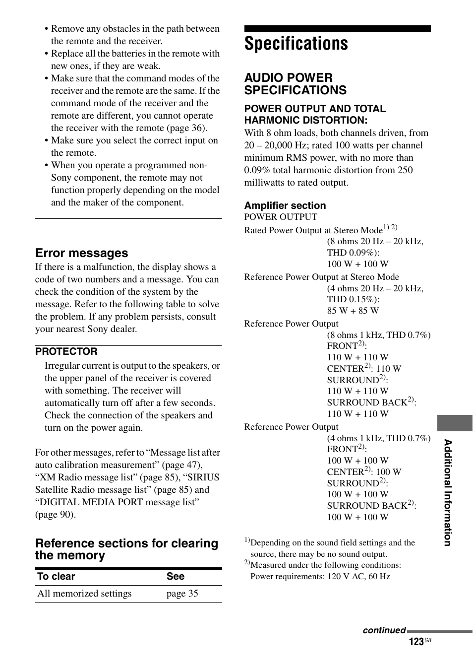 Specifications, Error messages, Audio power specifications | Sony STR-DG1100 User Manual | Page 123 / 130