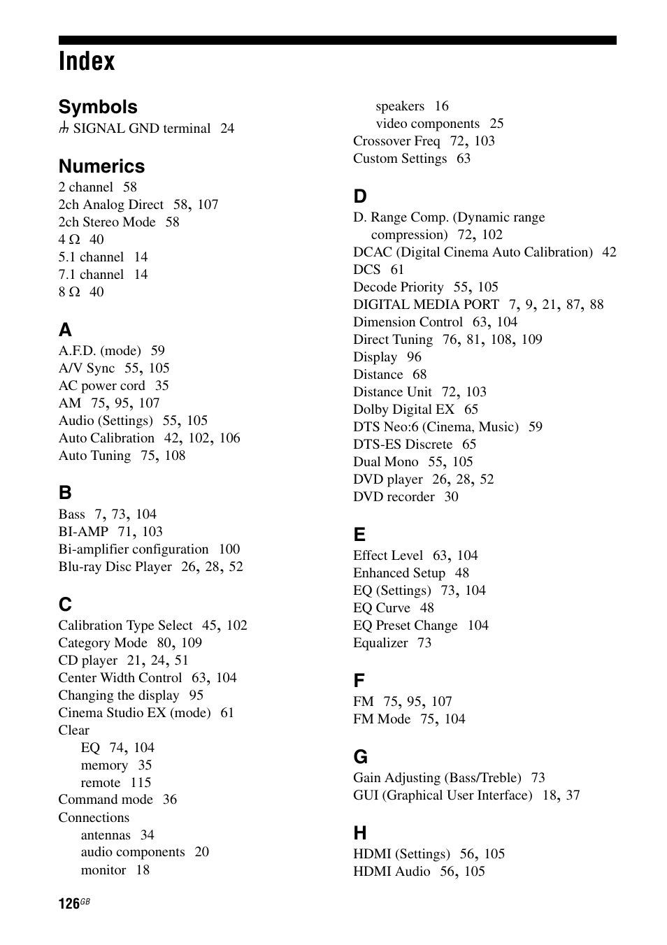 Index, Symbols, Numerics | Sony STR-DG1100 User Manual | Page 126 / 130