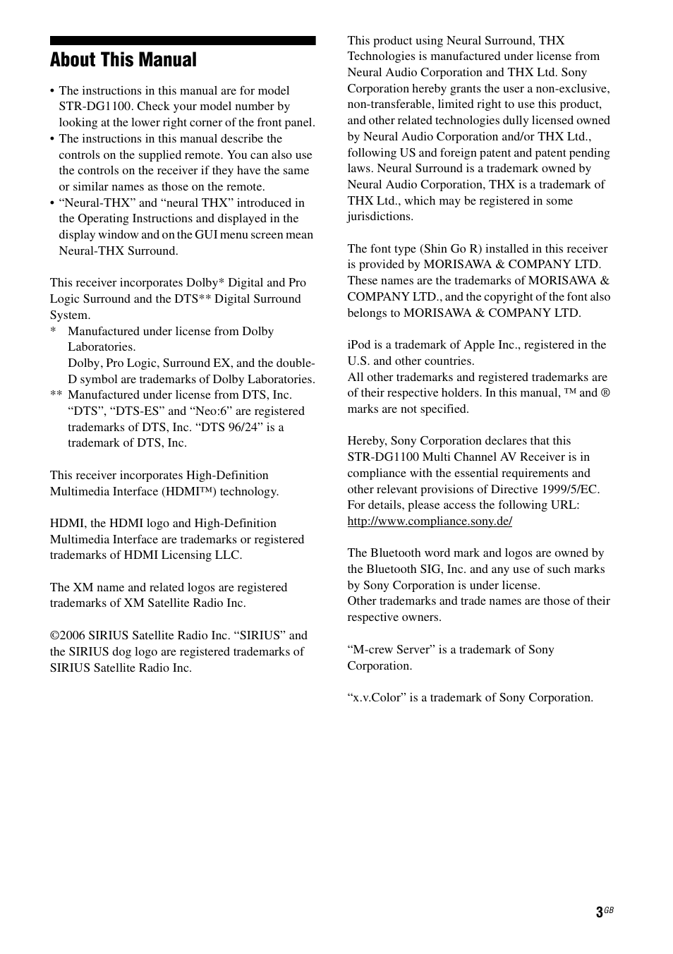 About this manual | Sony STR-DG1100 User Manual | Page 3 / 130