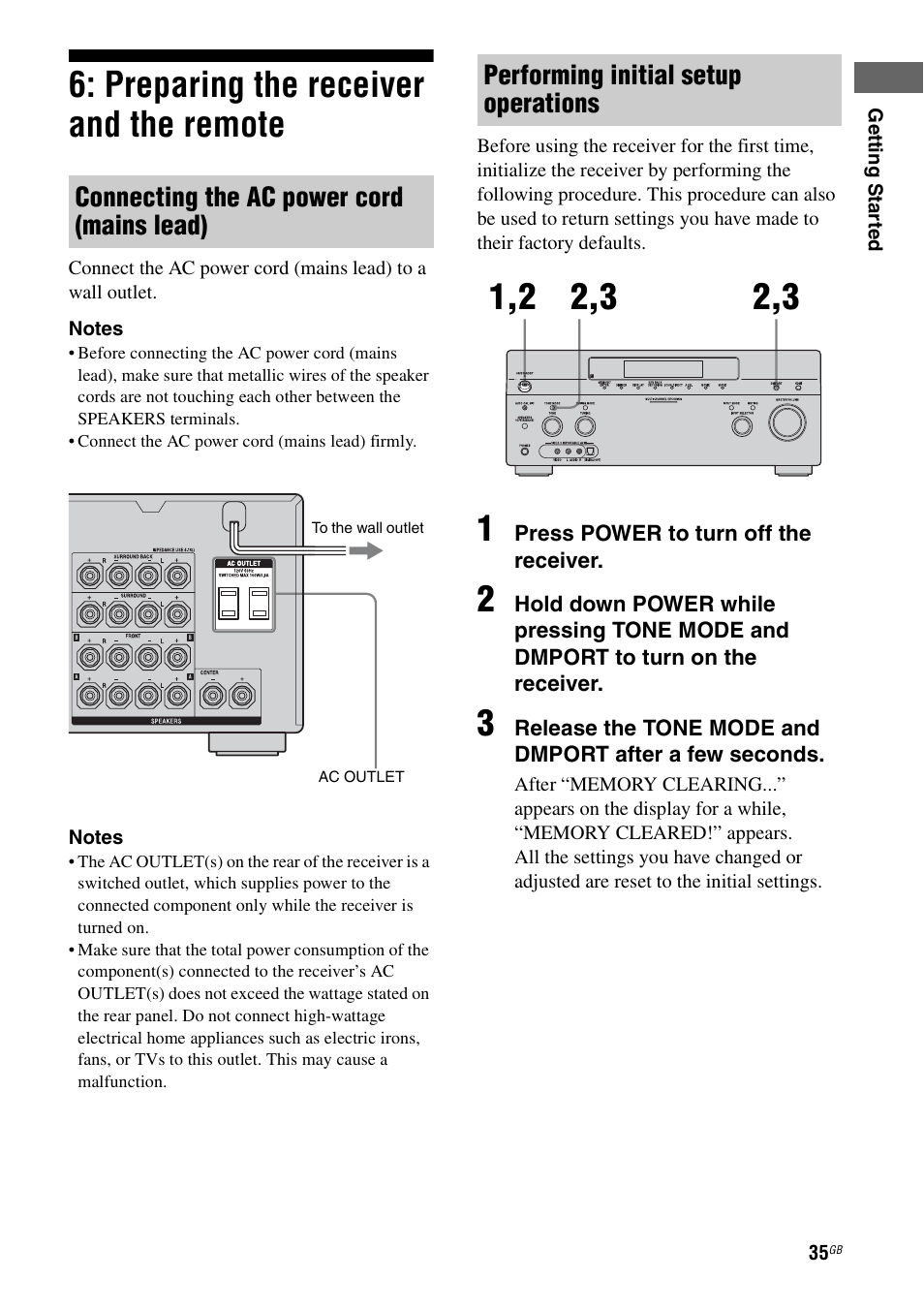 Preparing the receiver and the remote, Connecting the ac power cord (mains lead), Performing initial setup operations | Sony STR-DG1100 User Manual | Page 35 / 130