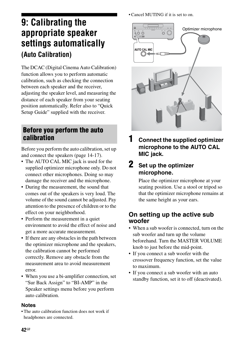 Calibrating the appropriate speaker settings, Automatically (auto calibration), Auto calibration) | Before you perform the auto calibration | Sony STR-DG1100 User Manual | Page 42 / 130