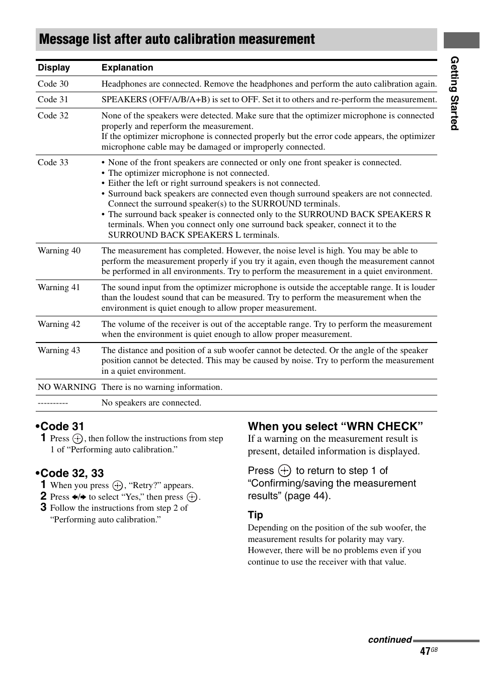 Message list after auto calibration measurement, Code 31 1, When you select “wrn check | Sony STR-DG1100 User Manual | Page 47 / 130