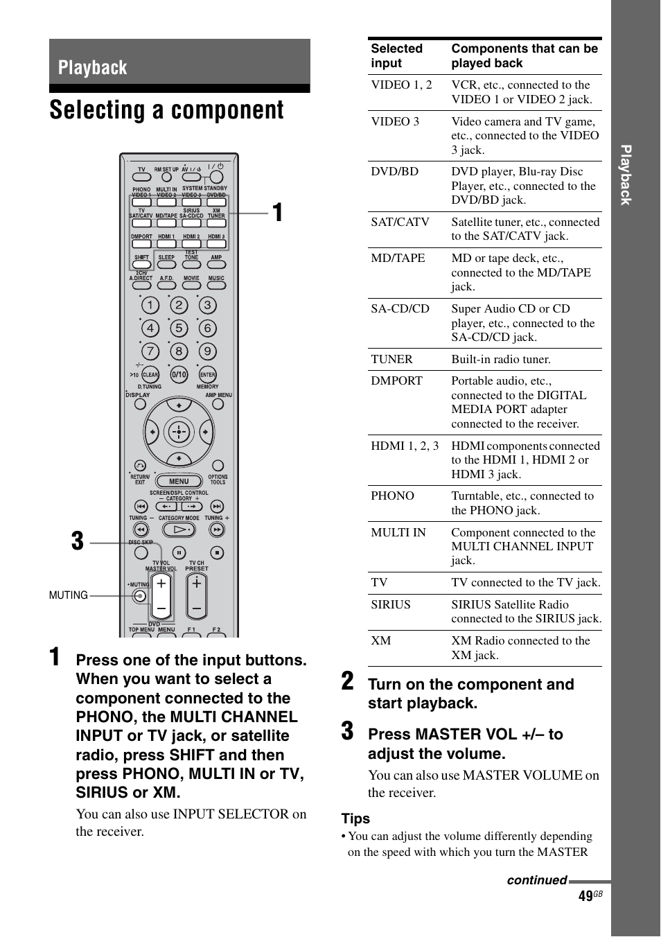 Playback, Selecting a component, Selecting a component 1 | Sony STR-DG1100 User Manual | Page 49 / 130