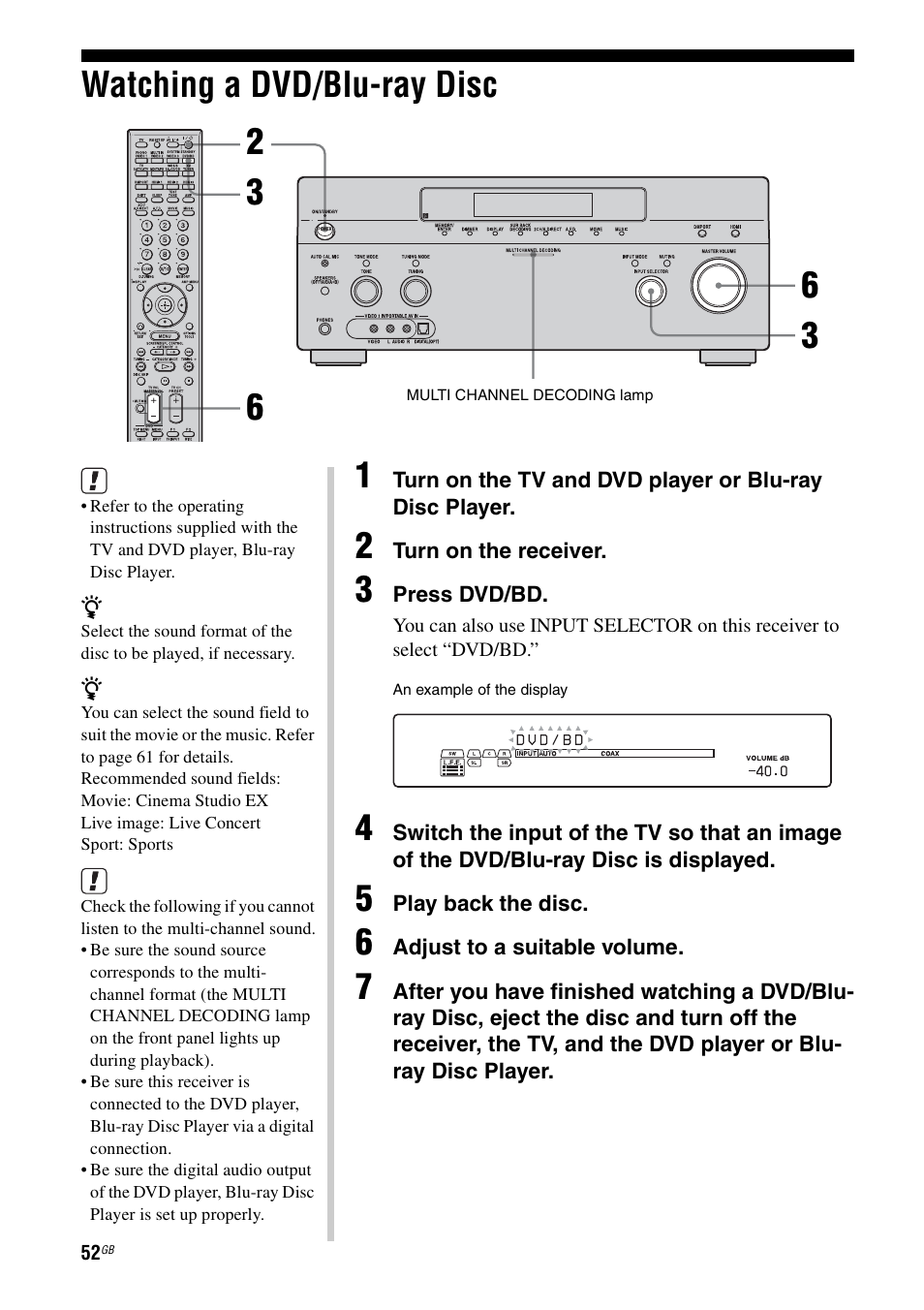 Watching a dvd/blu-ray disc | Sony STR-DG1100 User Manual | Page 52 / 130