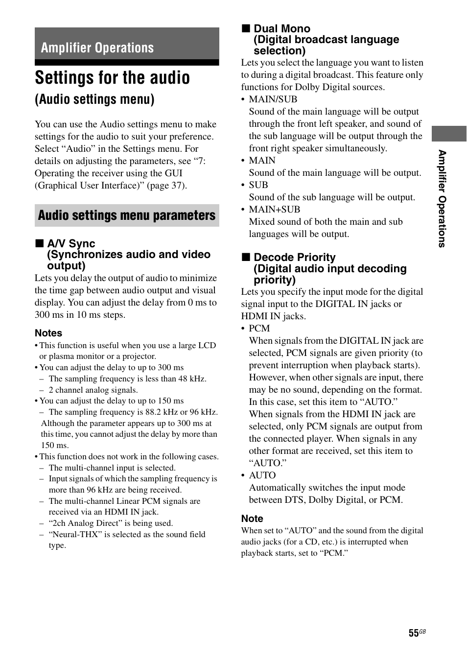 Amplifier operations, Settings for the audio (audio settings menu), Settings for the audio | Audio settings menu) | Sony STR-DG1100 User Manual | Page 55 / 130