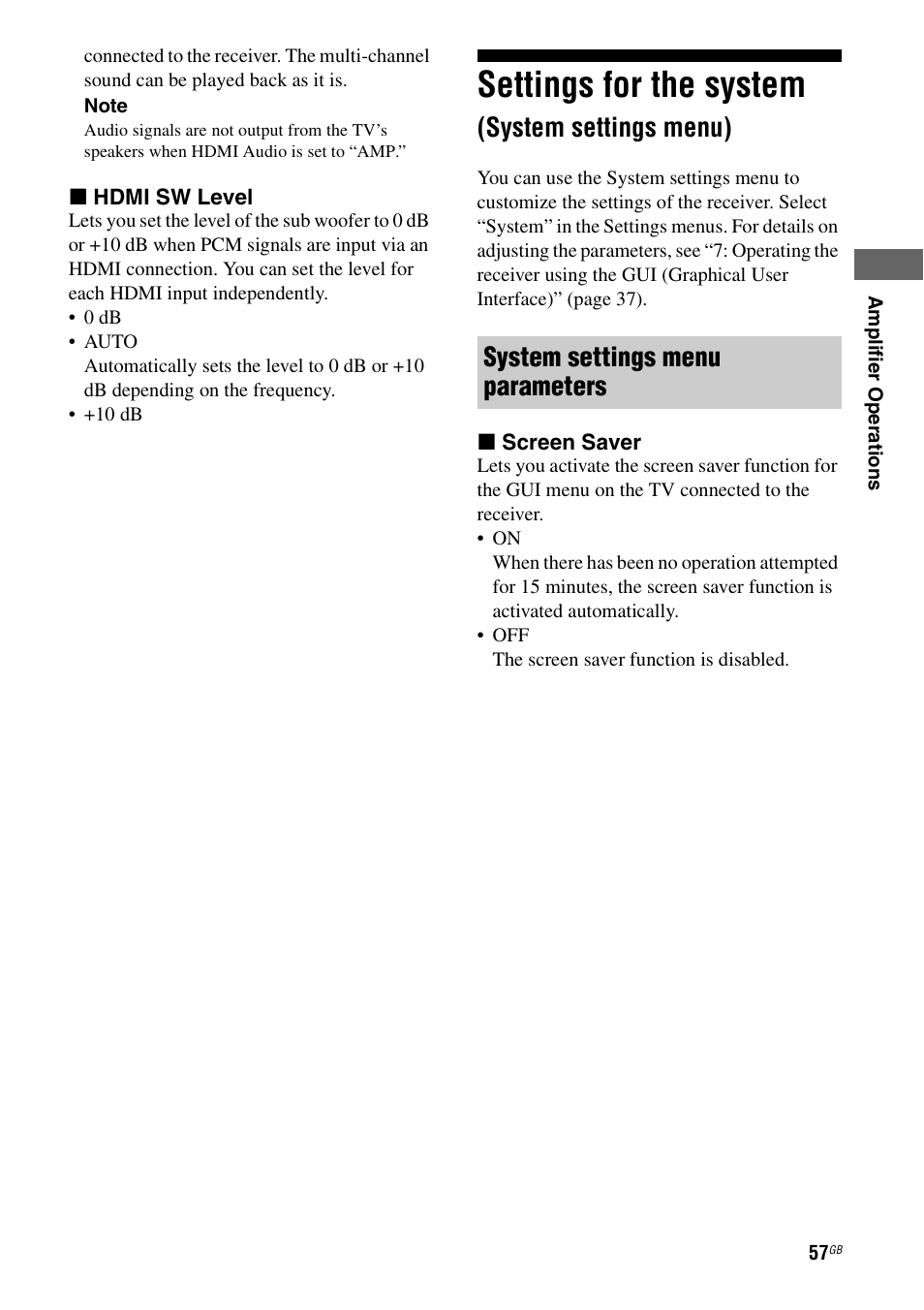Settings for the system (system settings menu), Settings for the system, System settings menu) | System settings menu parameters | Sony STR-DG1100 User Manual | Page 57 / 130