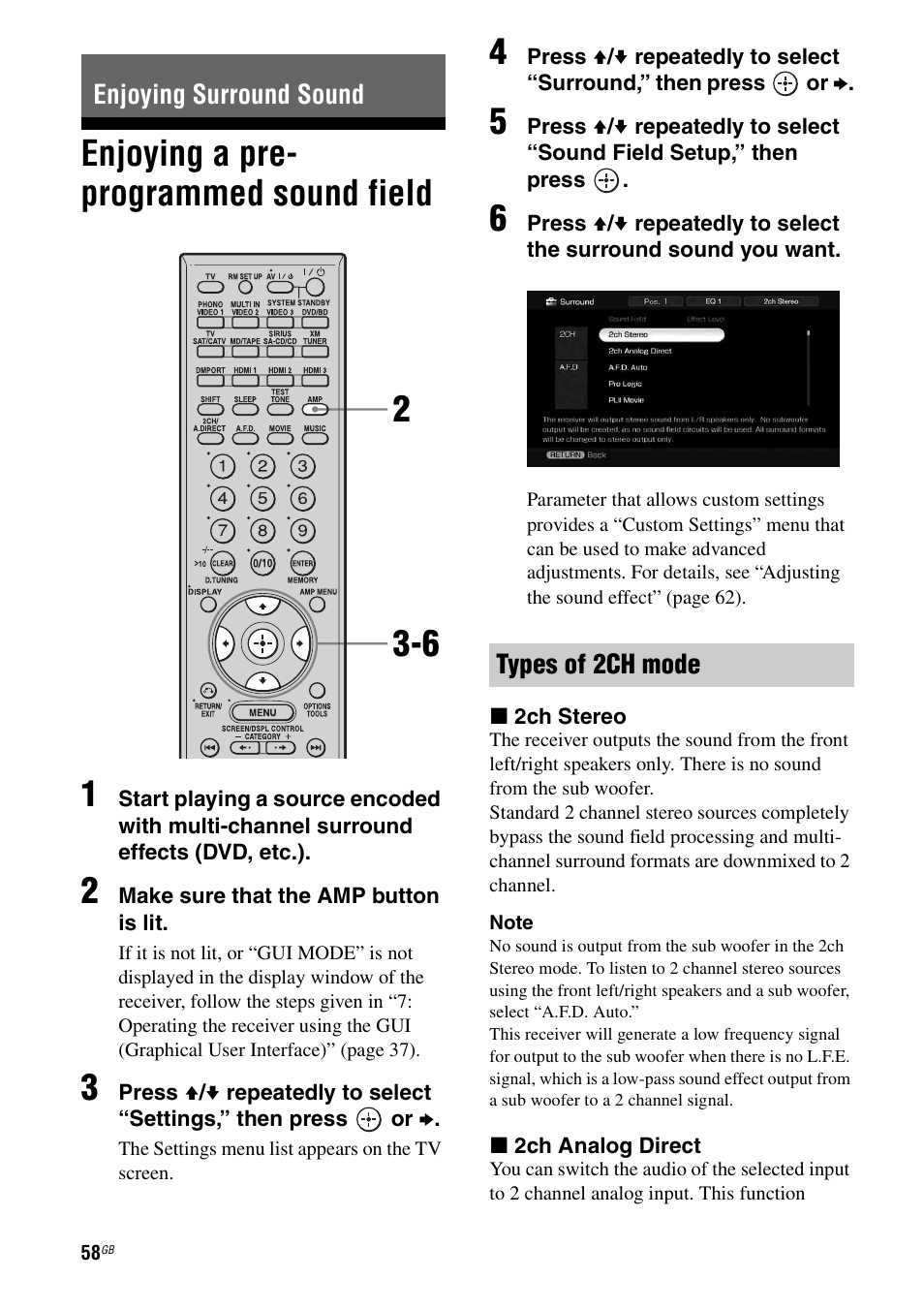 Enjoying surround sound, Enjoying a pre- programmed sound field, Enjoying a pre-programmed sound field | Enjoying a pre- programmed sound field 1 | Sony STR-DG1100 User Manual | Page 58 / 130