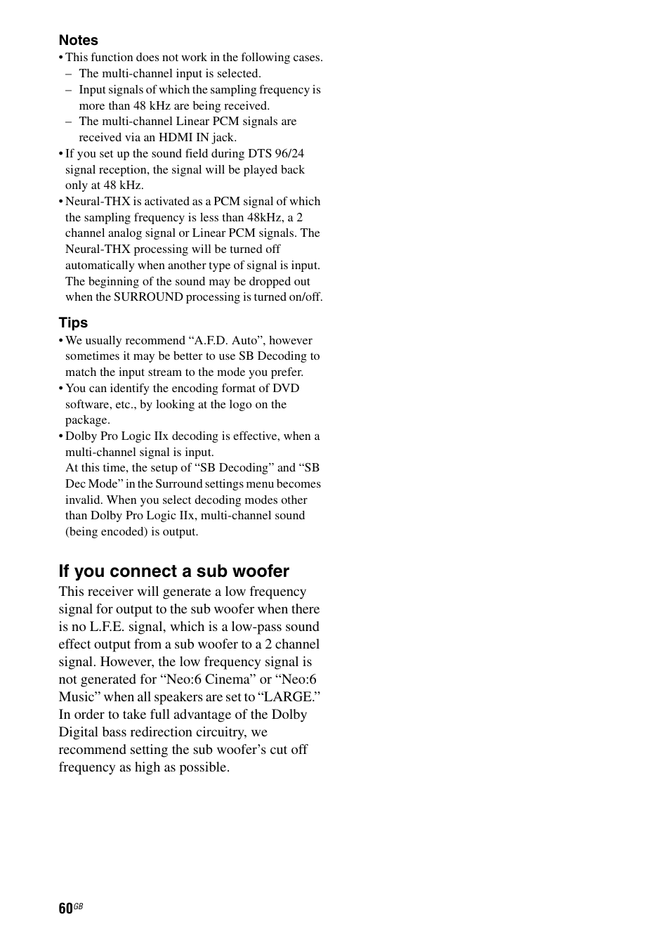 If you connect a sub woofer | Sony STR-DG1100 User Manual | Page 60 / 130