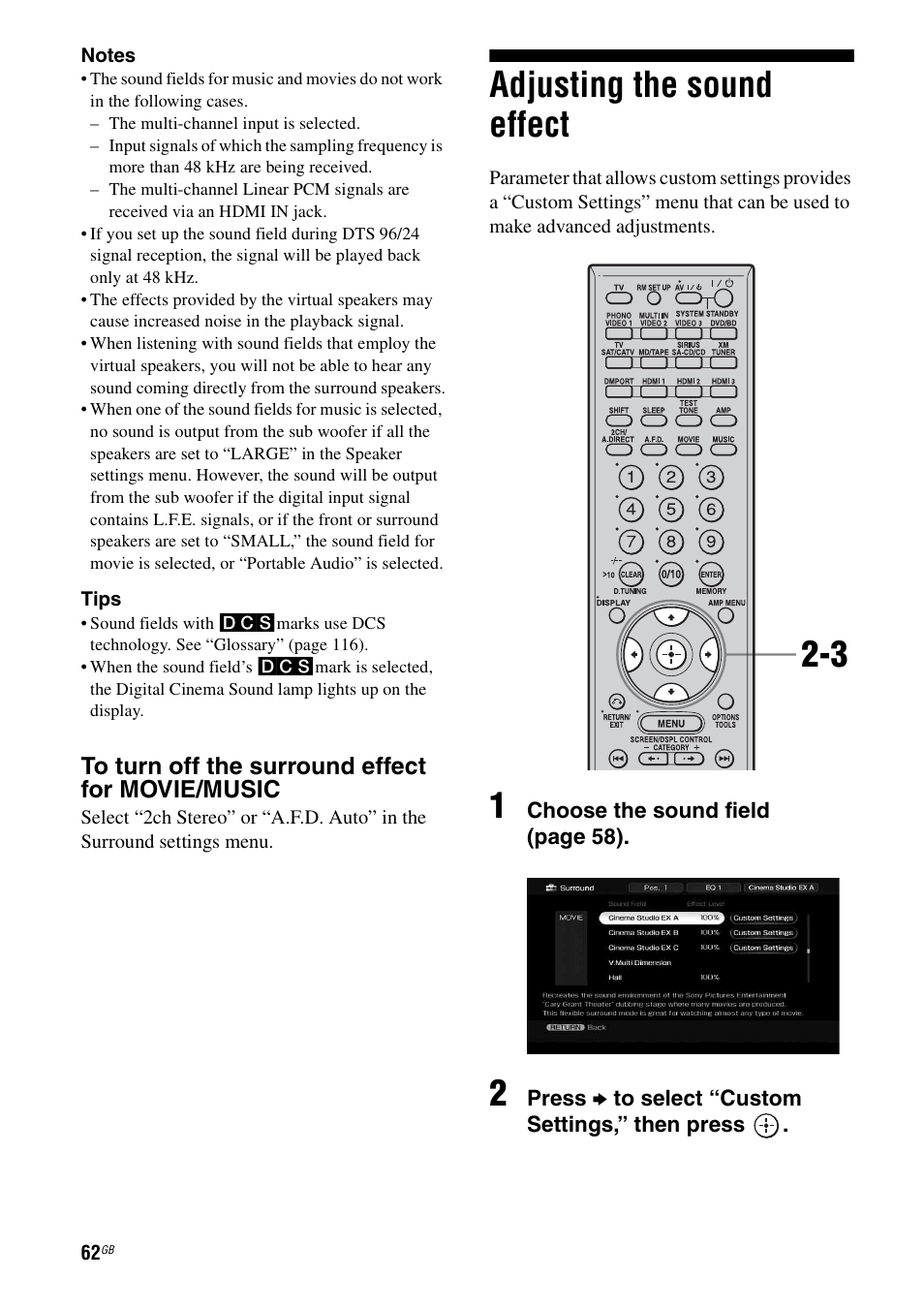 Adjusting the sound effect | Sony STR-DG1100 User Manual | Page 62 / 130