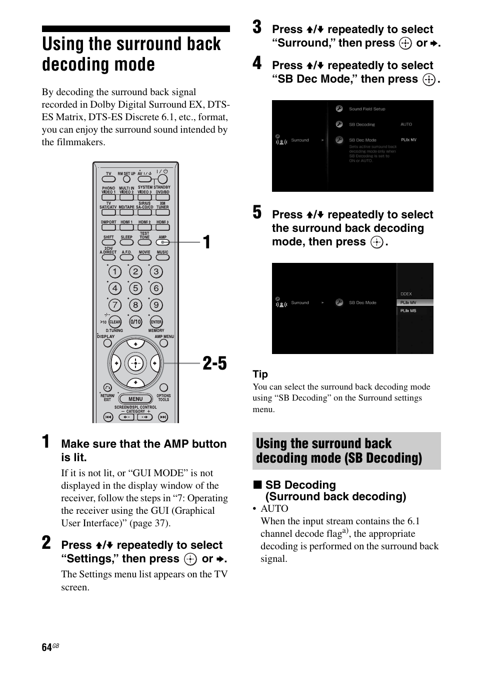 Using the surround back decoding mode | Sony STR-DG1100 User Manual | Page 64 / 130