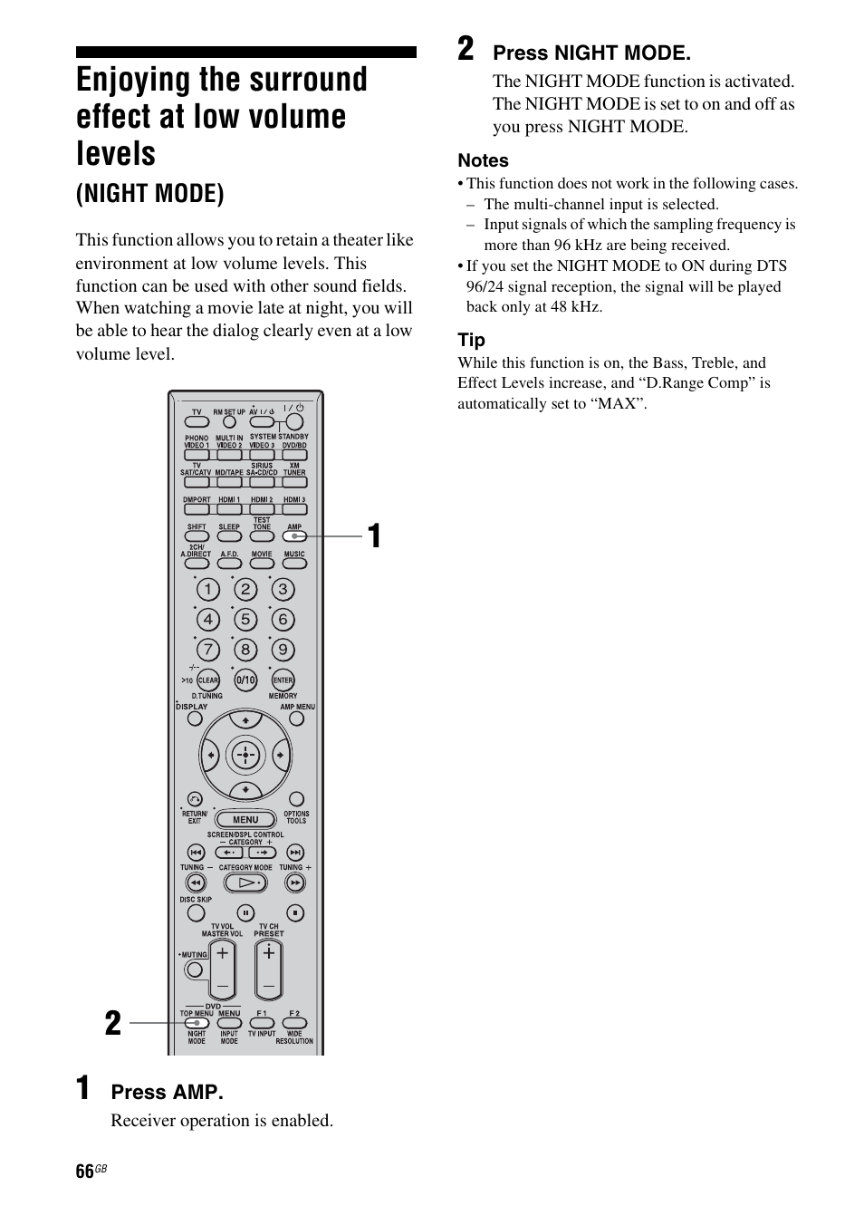 Enjoying the surround effect at low volume, Levels (night mode), Enjoying the surround effect at low volume levels | Night mode) | Sony STR-DG1100 User Manual | Page 66 / 130
