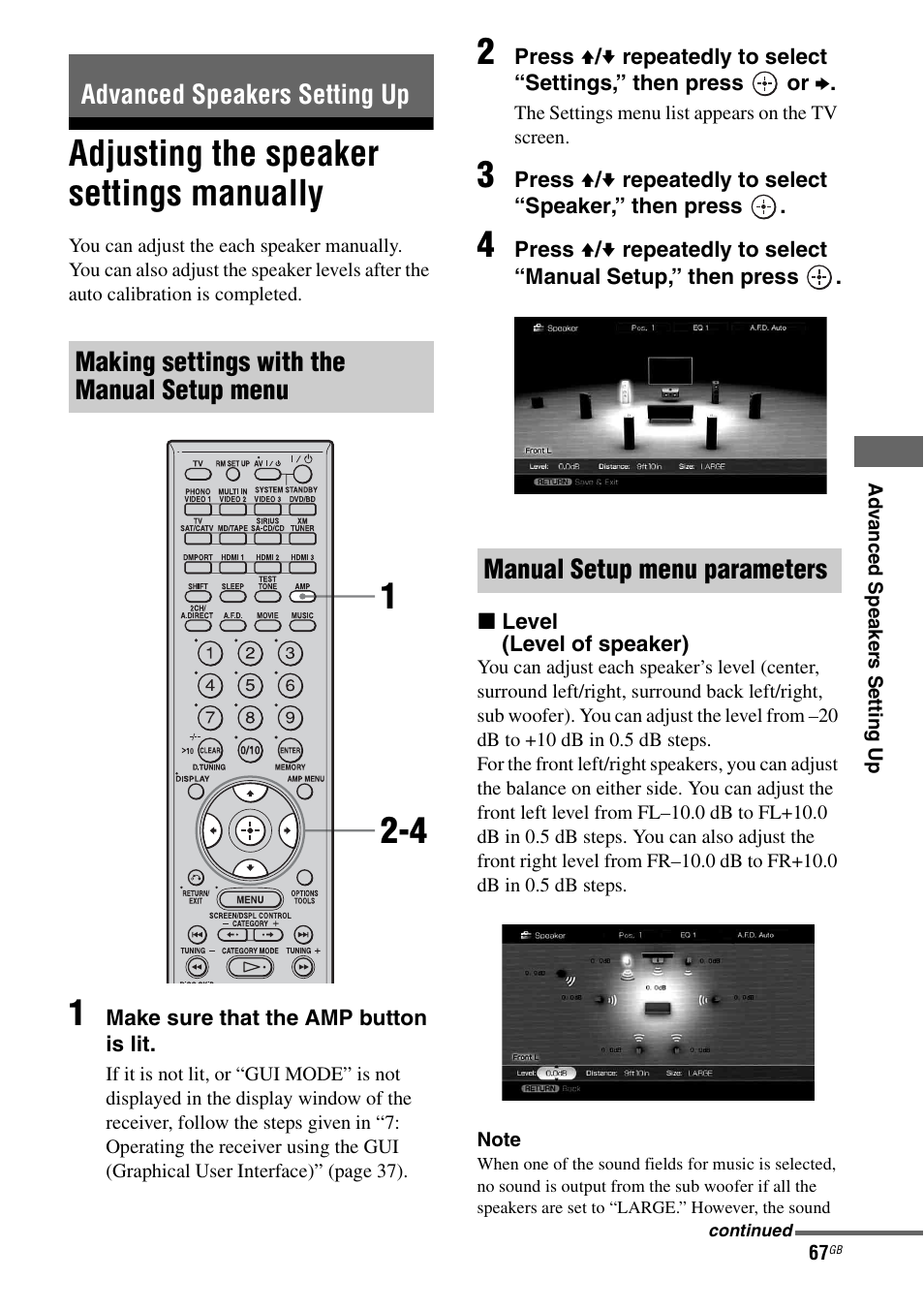 Advanced speakers setting up, Adjusting the speaker settings manually, Manual setup menu parameters | Sony STR-DG1100 User Manual | Page 67 / 130