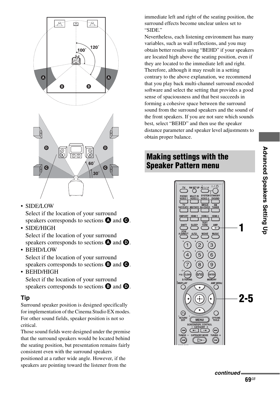 Making settings with the speaker pattern menu | Sony STR-DG1100 User Manual | Page 69 / 130