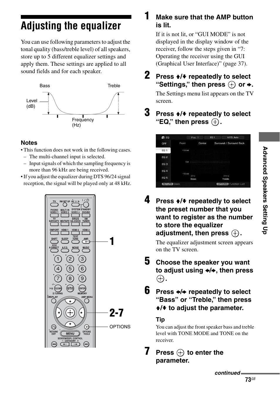 Adjusting the equalizer | Sony STR-DG1100 User Manual | Page 73 / 130