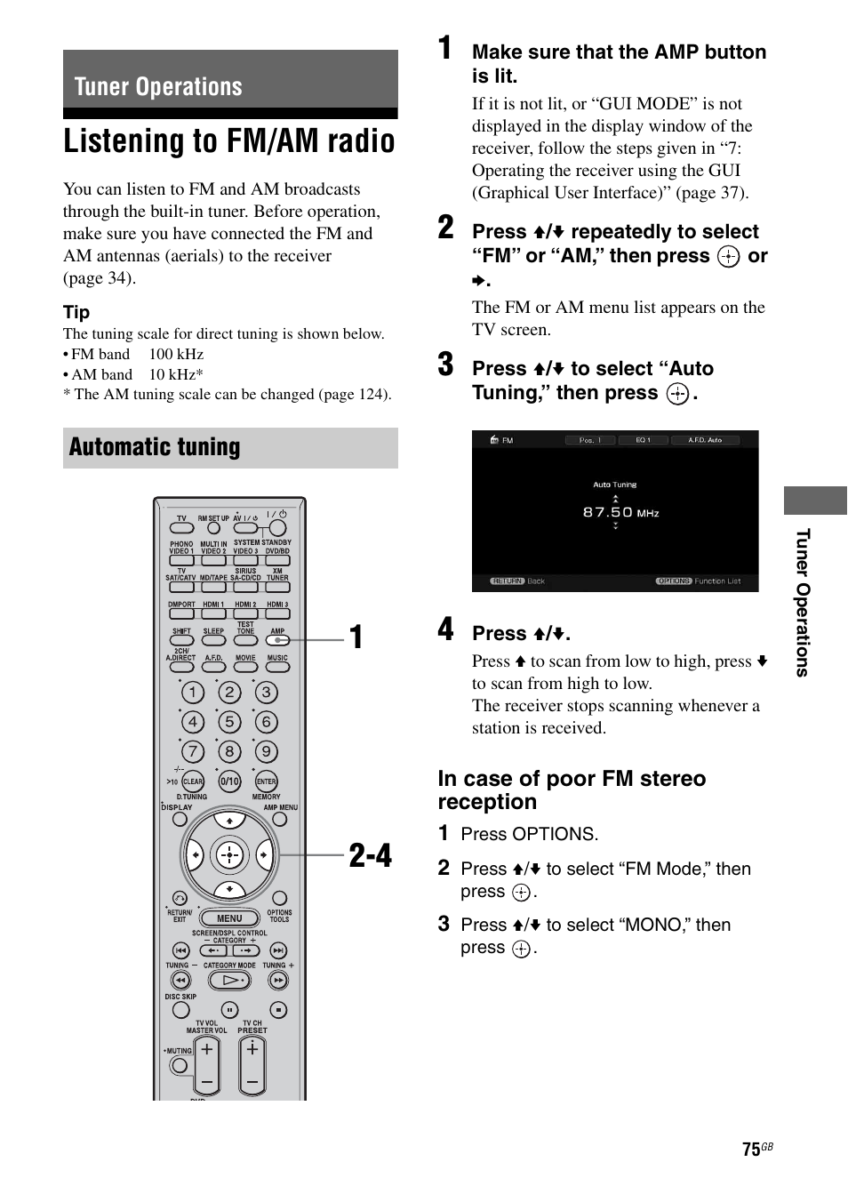 Tuner operations, Listening to fm/am radio, Tuner operations automatic tuning | Sony STR-DG1100 User Manual | Page 75 / 130