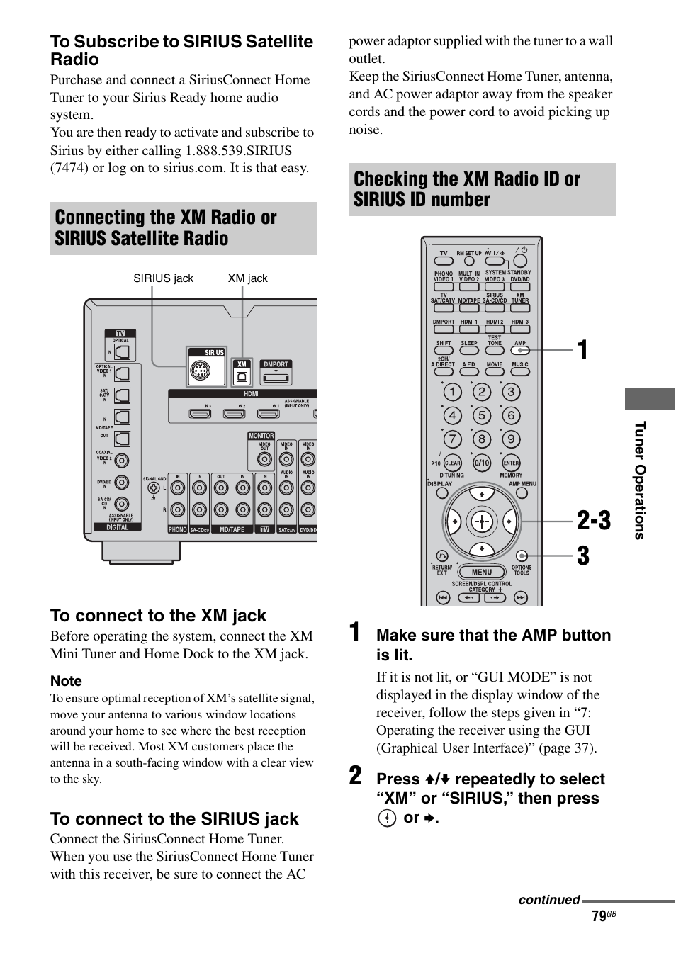 Connecting the xm radio or sirius satellite radio, Checking the xm radio id or sirius id number | Sony STR-DG1100 User Manual | Page 79 / 130