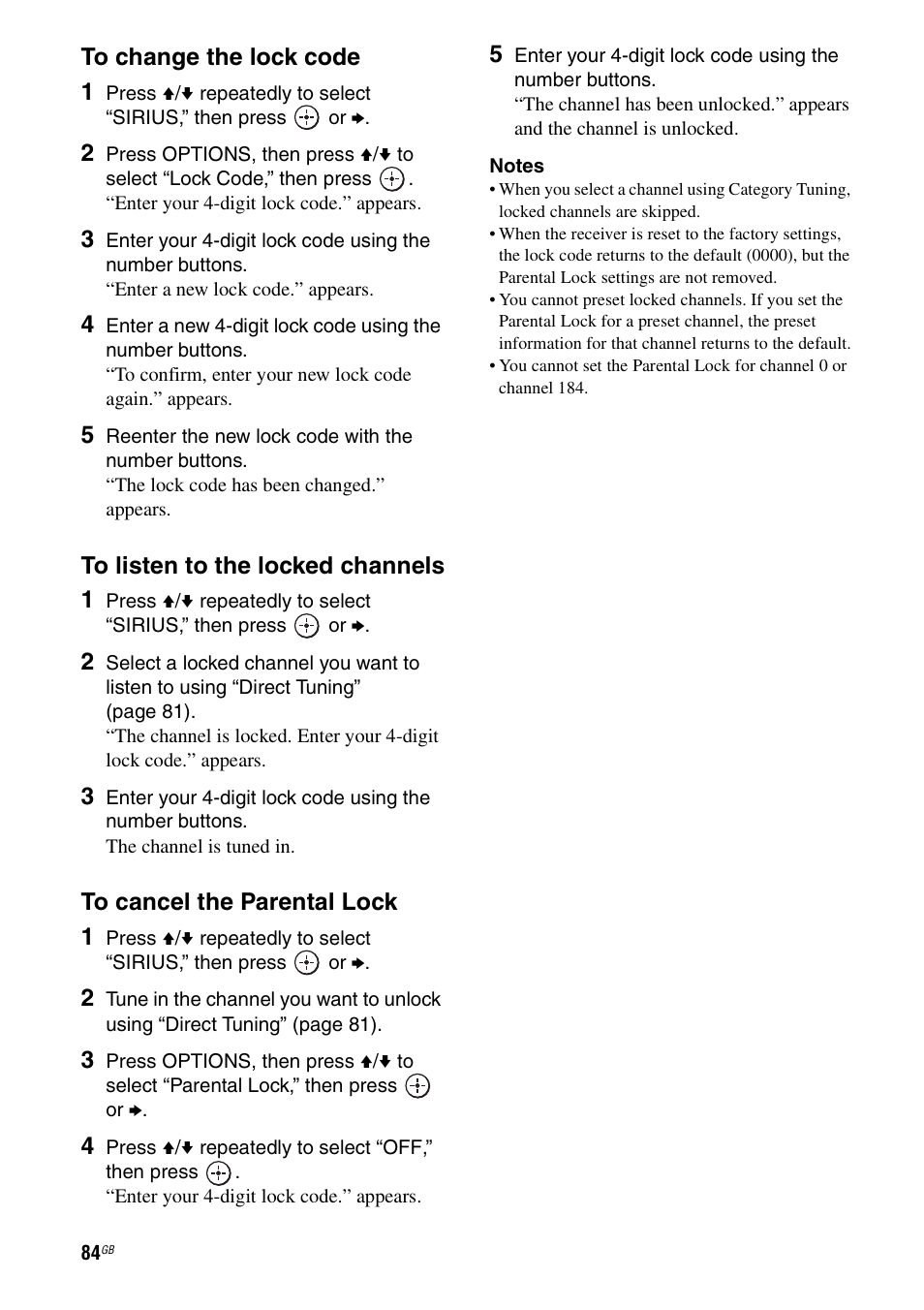 E (see “to change the lock code”) | Sony STR-DG1100 User Manual | Page 84 / 130