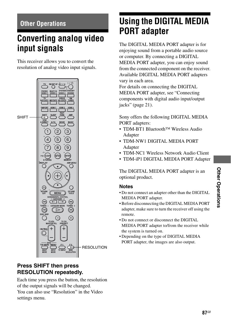 Other operations, Converting analog video input signals, Using the digital media port adapter | Adapter | Sony STR-DG1100 User Manual | Page 87 / 130