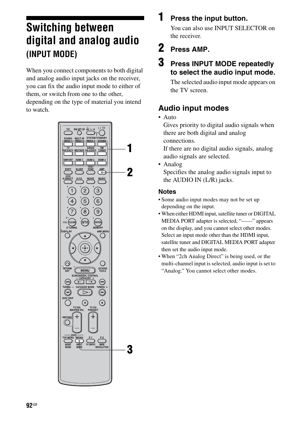 Switching between digital and analog audio, Input mode) | Sony STR-DG1100 User Manual | Page 92 / 130