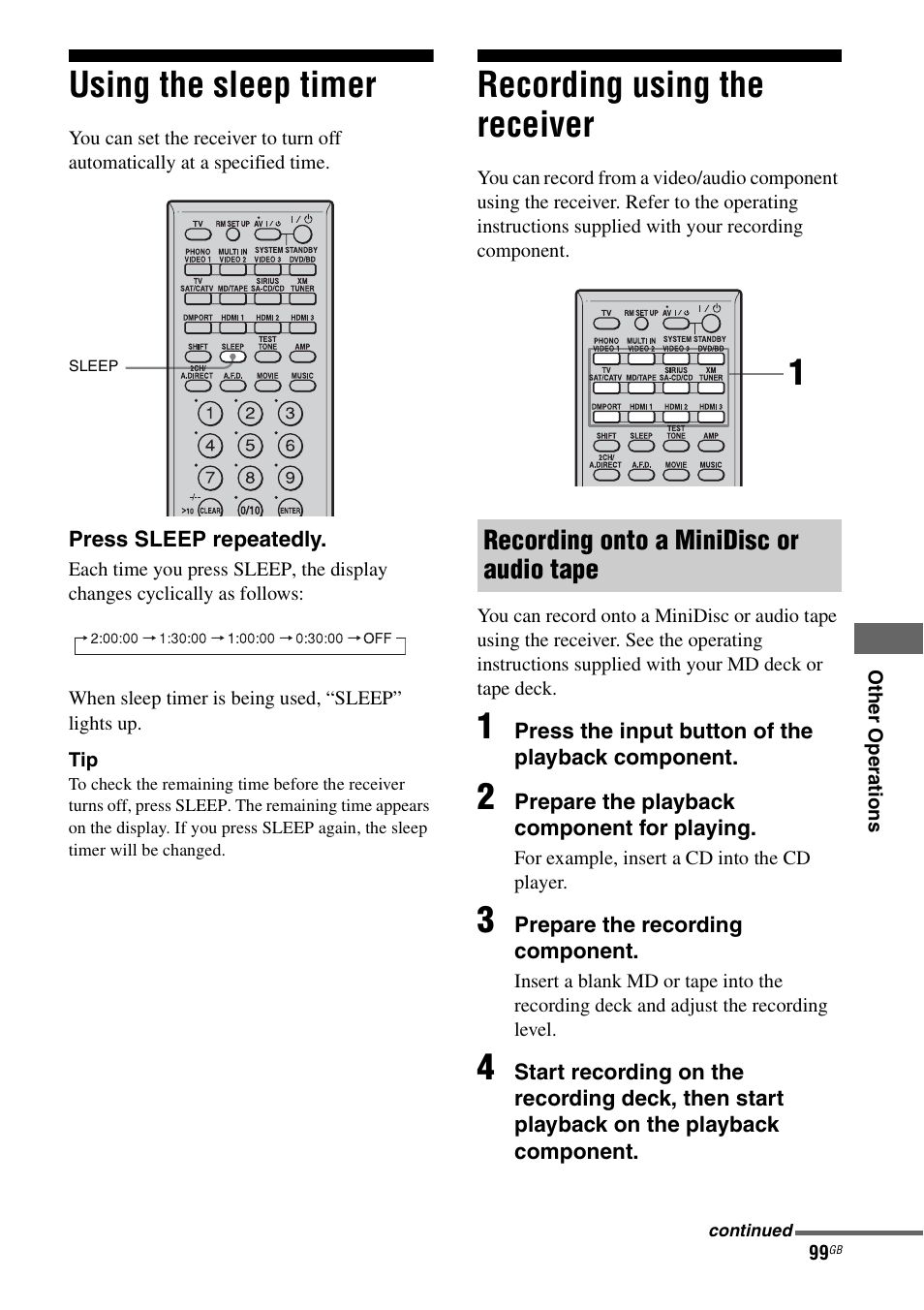 Using the sleep timer, Recording using the receiver, Using the sleep timer recording using the receiver | Recording onto a minidisc or audio tape | Sony STR-DG1100 User Manual | Page 99 / 130
