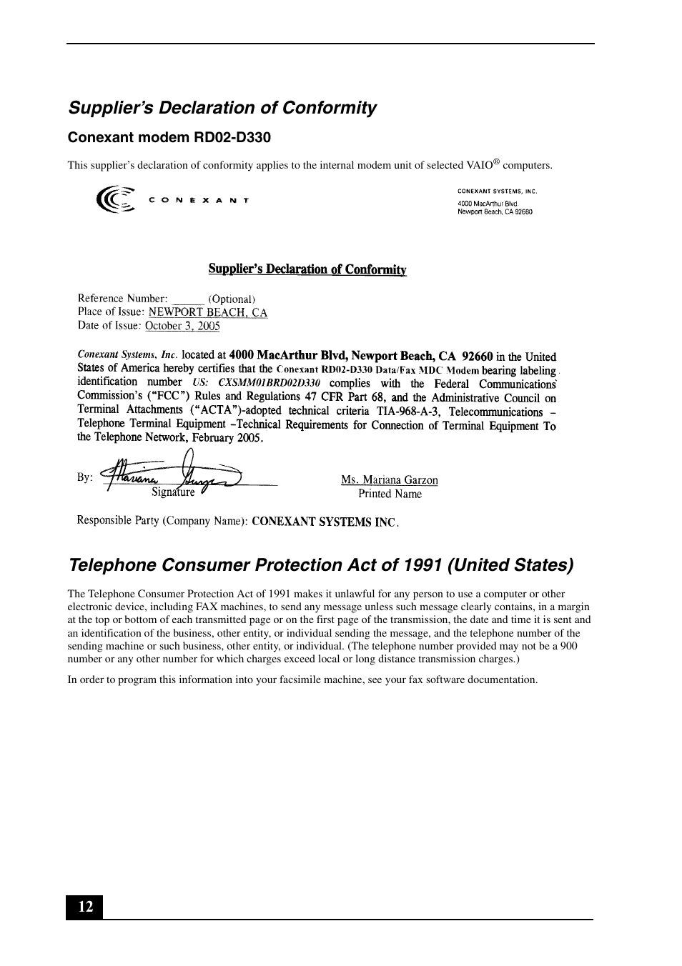 Supplier’s declaration of conformity | Sony VAIO VGN-TZ300 User Manual | Page 12 / 24